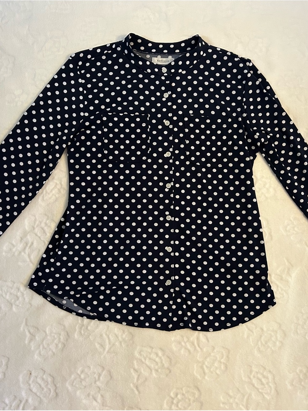 Van Heusen Navy and White Polka Dot Button Down Shirt